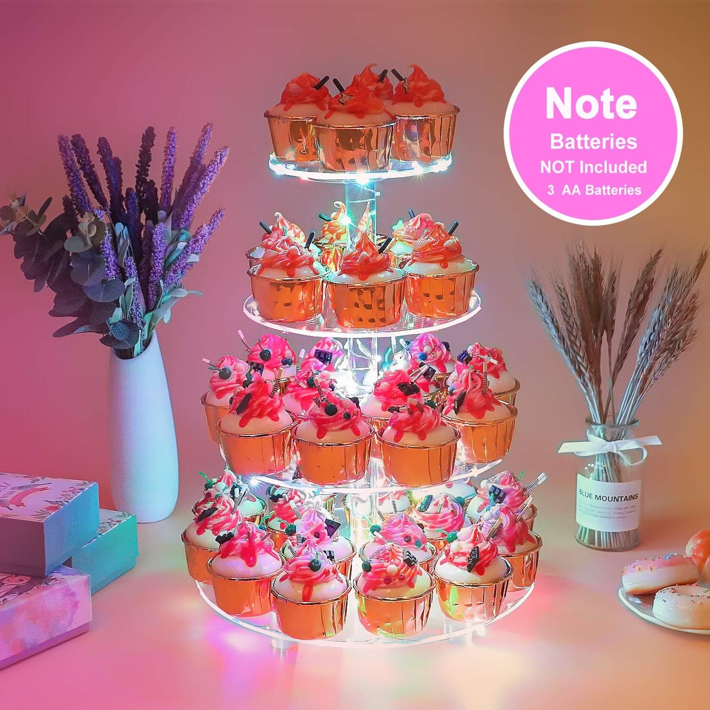 YestBuy Cupcake Stand with Yellow Led Lights, 4 Tier Cupcake Stand for 50 Cupcakes, Acrylic Cupcake Tower Stand, Clear Tiered Cupcake Holder for Birthday Cady Bar Décor Weddings, Parties Events