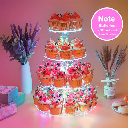 YestBuy Cupcake Stand with Yellow Led Lights, 4 Tier Cupcake Stand for 50 Cupcakes, Acrylic Cupcake Tower Stand, Clear Tiered Cupcake Holder for Birthday Cady Bar Décor Weddings, Parties Events
