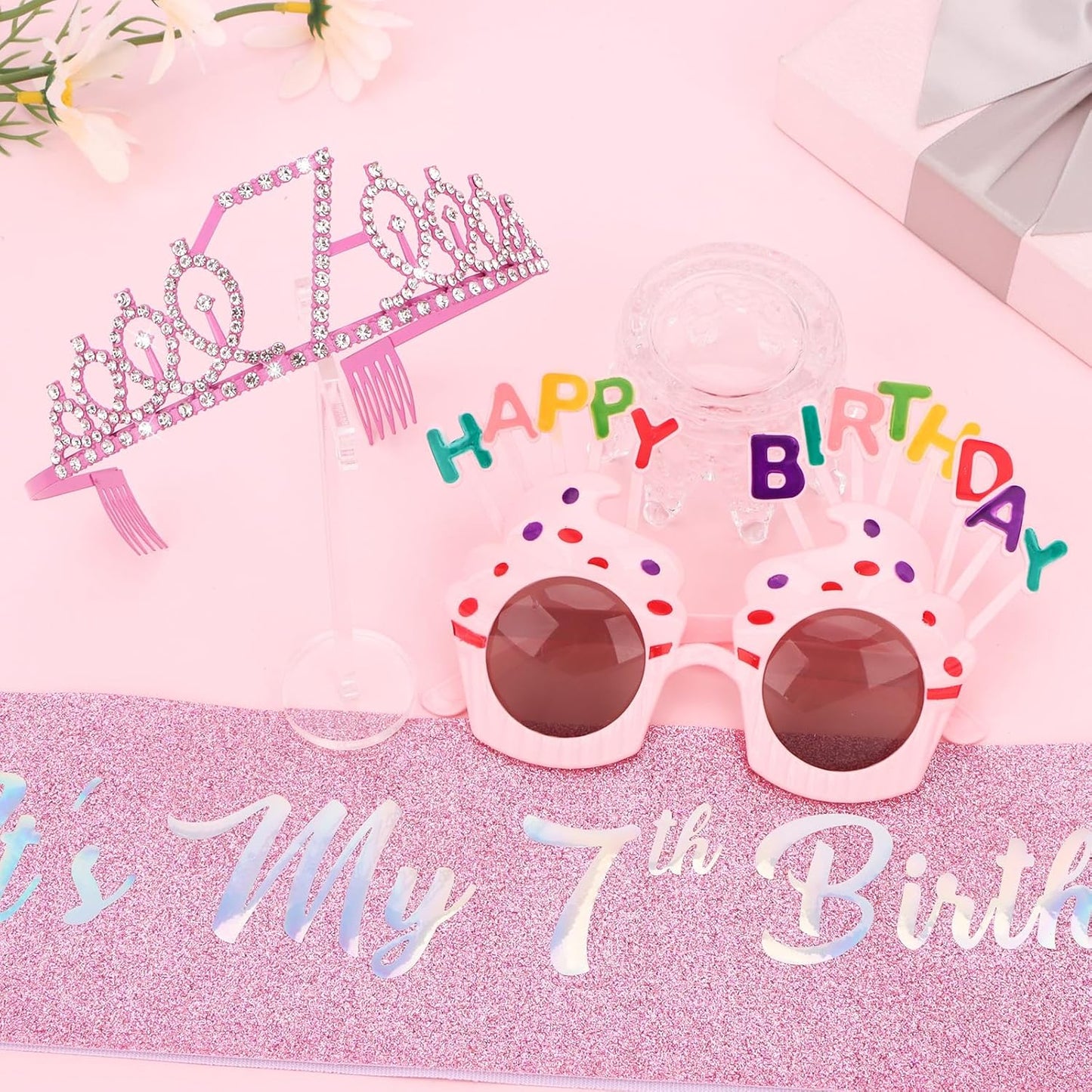 YARIEW 3rd Birthday Decorations, 3rd Glitter Purple Sash and Crown Kit with Happy Birthday Sunglasses, Tiara Princess Crown and Sash Party Outfit Accessory