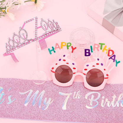 YARIEW 3rd Birthday Decorations, 3rd Glitter Purple Sash and Crown Kit with Happy Birthday Sunglasses, Tiara Princess Crown and Sash Party Outfit Accessory