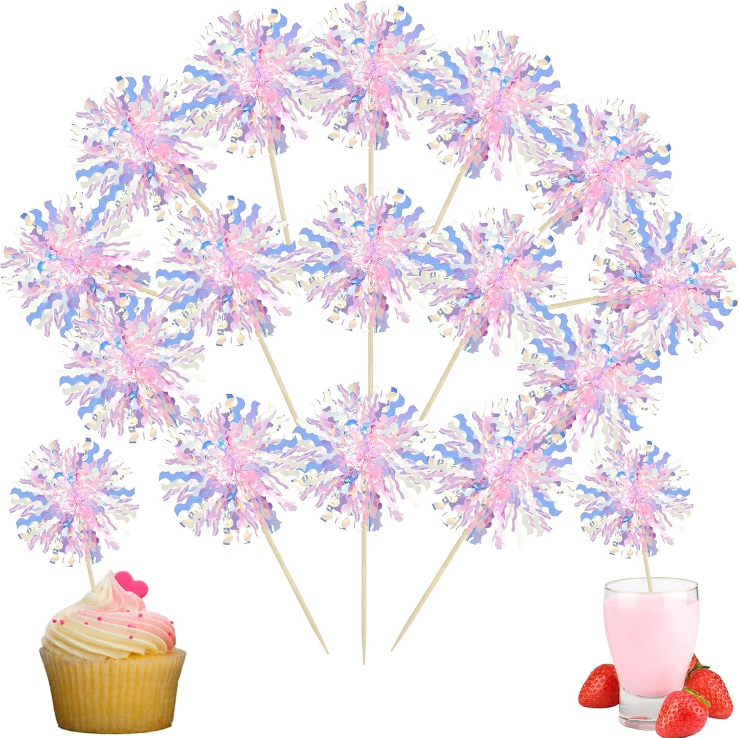 Ephlyn 30Pcs Foil Firework Cupcake Toppers Sparkle Tinsel Cupcake Picks Drink Stirrers Cocktail Food Fruit Toothpicks for Baby Shower Graduation Party Supplies White