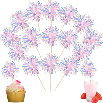 Ephlyn 30Pcs Foil Firework Cupcake Toppers Sparkle Tinsel Cupcake Picks Drink Stirrers Cocktail Food Fruit Toothpicks for Baby Shower Graduation Party Supplies White