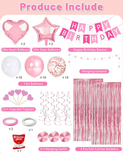 Lutoys Rose Gold Happy Birthday Party Decorations, Happy Birthday Banner, Rose Gold Foil Heart Star Confetti Balloons Curtain Backdrop Hanging Swirls Party Decor for Girls Women Princess