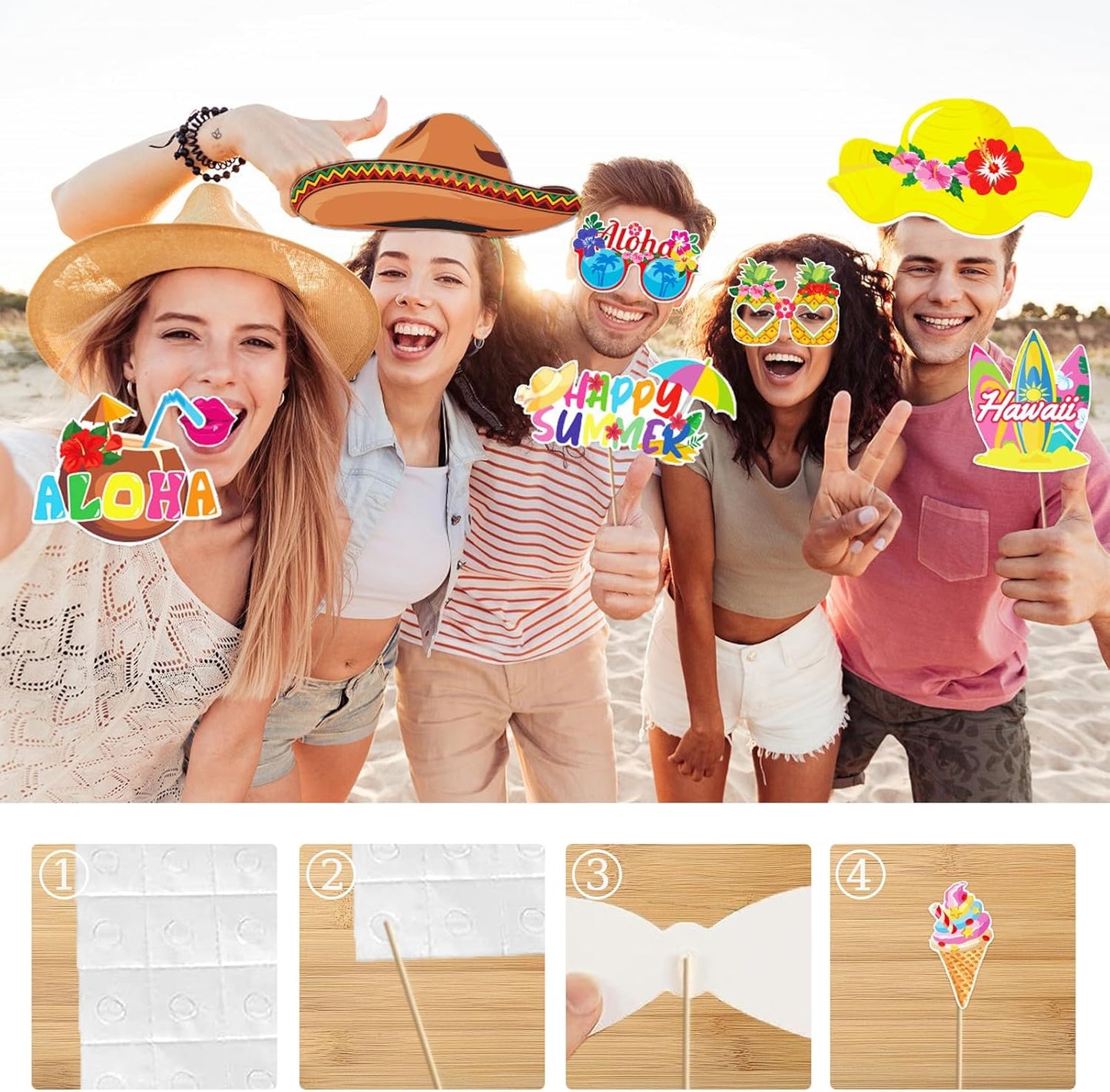 Hawaiian Party Photo Booth Props Kit, 30 PCS Luau Photo Booth Props with Large Inflatable Selfie Picture Frame for Hawaiian Tropical Tiki Summer Pool Party Supplies