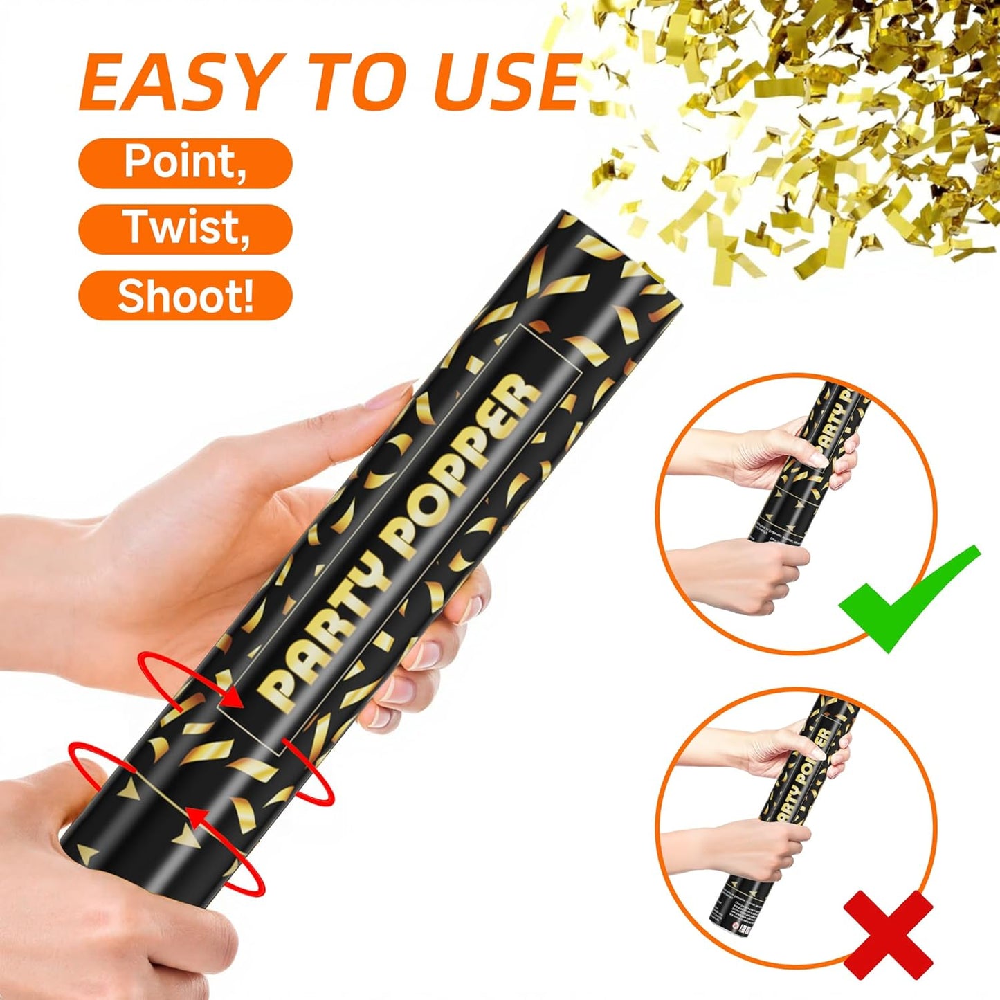 Gold Confetti Cannon Poppers - Party Confetti Shooter Popper for Celebration, Wedding, Birthday, Graduation, New Year's Eve Party(6 Pack)