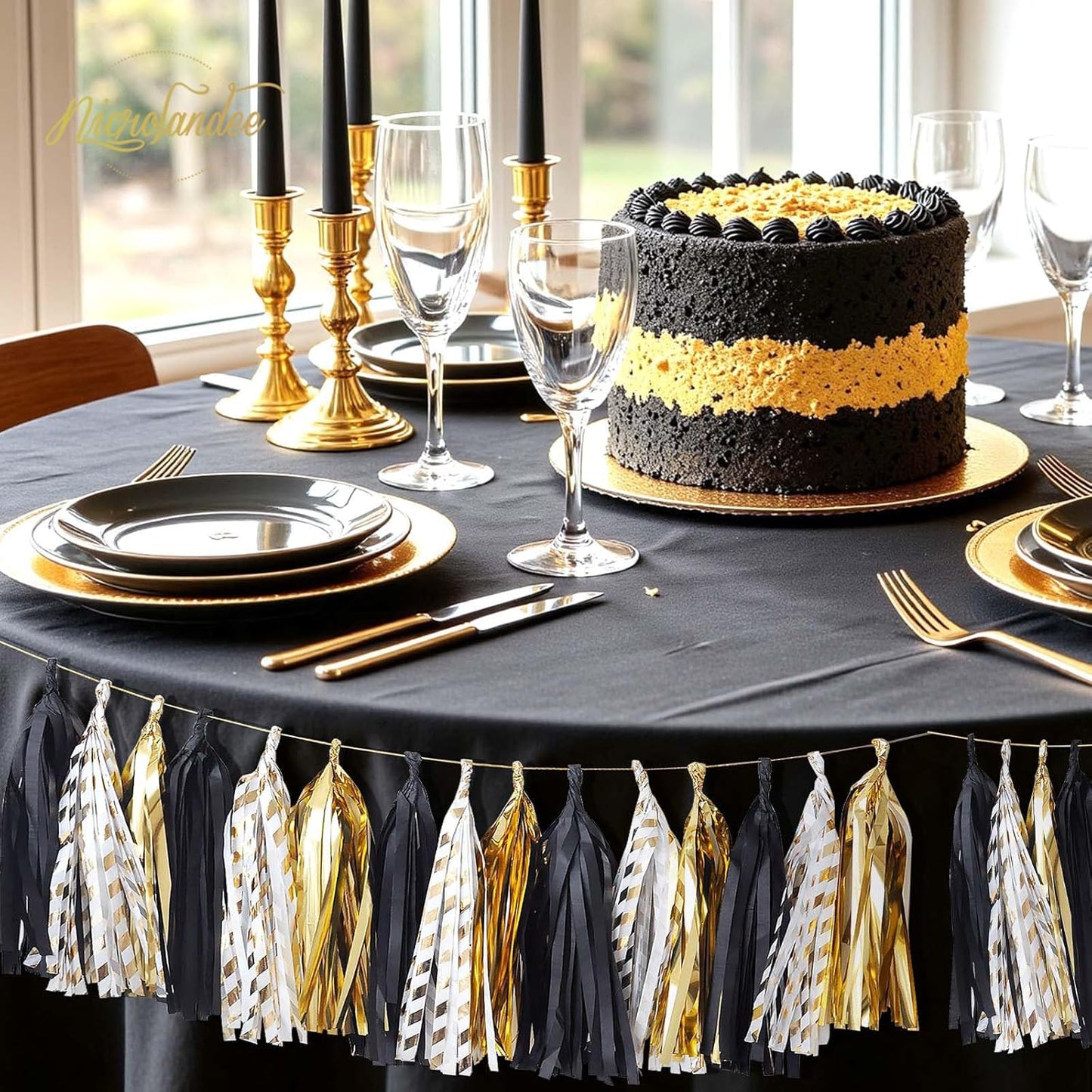 NICROLANDEE Black Gold Graduation Party Decorations, 15PCS Black Gold Tissue Paper Tassel Garland for Birthday, Wedding, Bridal Shower, Bachelorette Party, 2026 New Year's Eve Party Supplies
