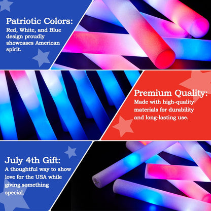 JOYIN 12 Pcs July 4th Foam Glow Sticks, 16" Red White Blue Patriotic LED Sticks with 3 Lightup Modes, Glow in the Dark Party Favor Supply for Independence Day Parade Carnival Festive Celebration