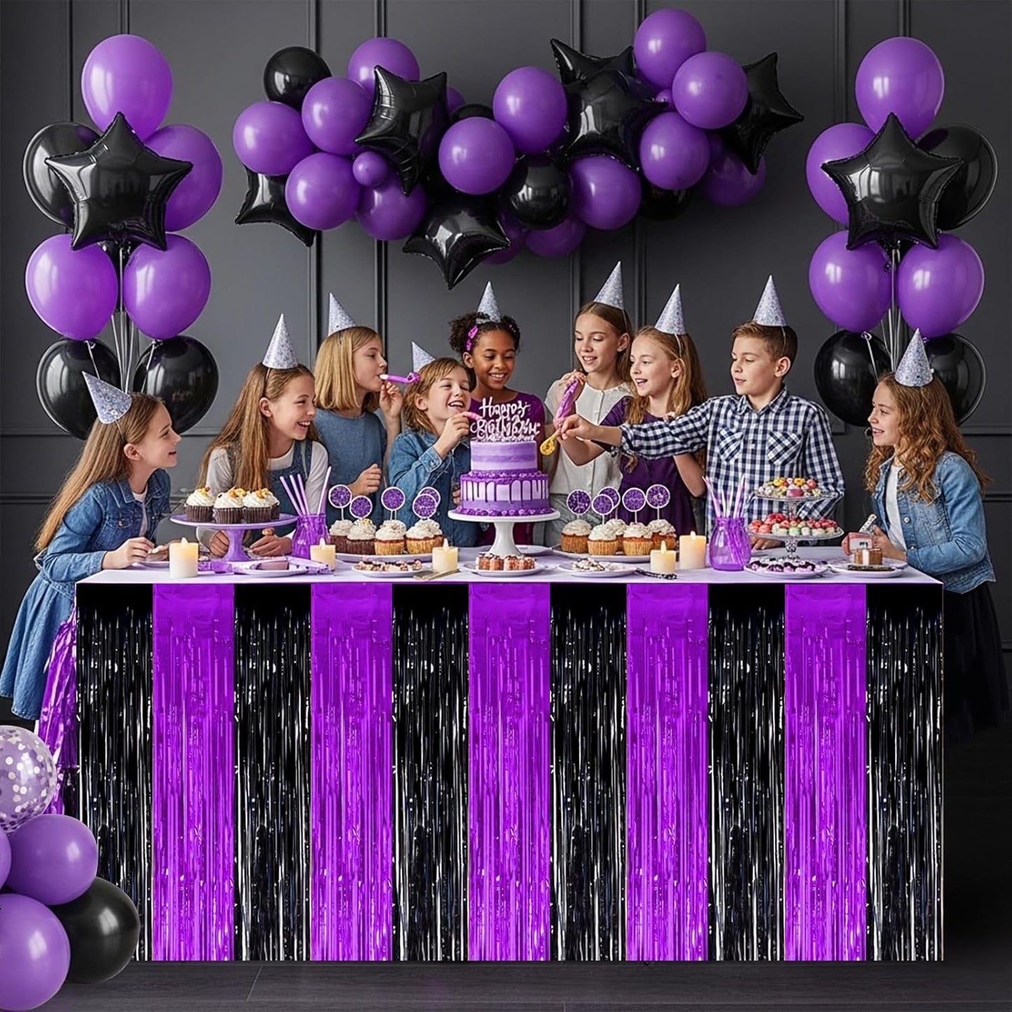 BEISHIDA 2 Pack Metallic Tinsel Foil Fringe Table Skirts for Rectangle & Round Tables Hot Pink Kids' Birthday, Holiday Cartoon Party Decorations for Birthday Valentines Baby Shower Festive Events