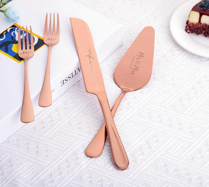 4 Pieces Wedding Cake Knife and Server Set, Stainless Steel Mr and Mrs Cake Cutter and Forks for Wedding, Birthday, Bridal Shower Gifts for Couples (Rose Gold)