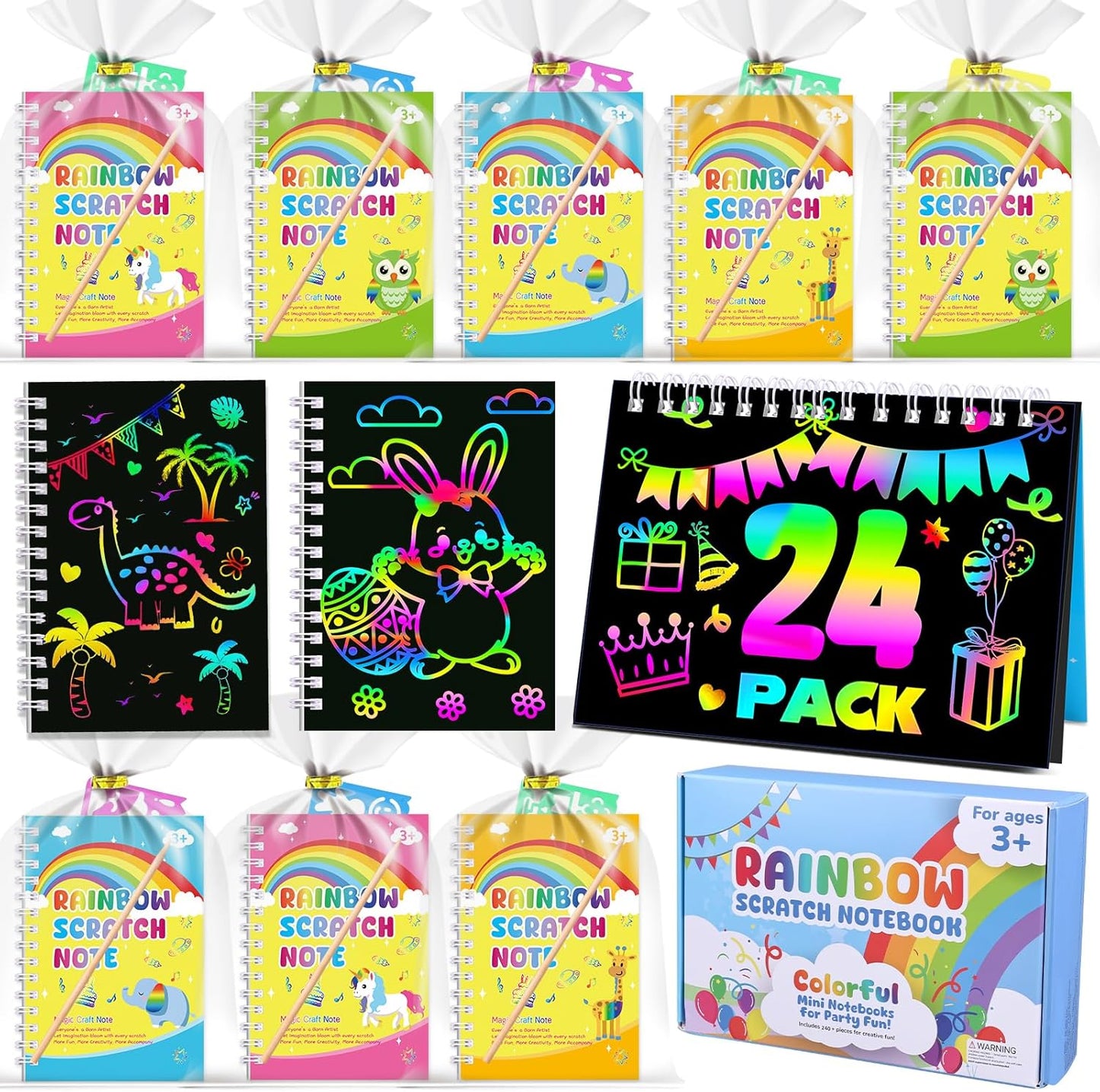 Elover Party Favors for Kids 4-8-12: 24 Pack Scratch Rainbow Art Crafts Notebook, Coloring Book Goodie Bags Stuffers Kit, Bulk Birthday Gift Classroom Prizes Girl Boy Toddler