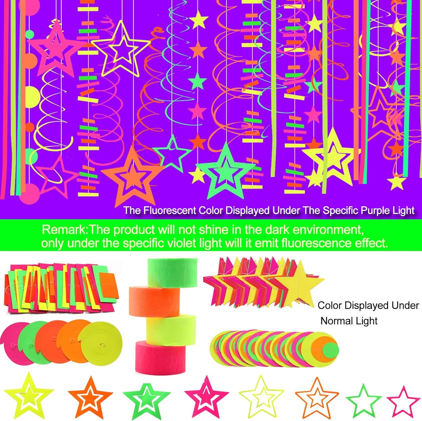 508ft UV Neon Paper Garland Crepe Streamers Glow in The Dark Party Supplies Garland Neon Party Decorations Streamers for Blacklight Reactive Fluorescent Wedding Birthday Party Decorations
