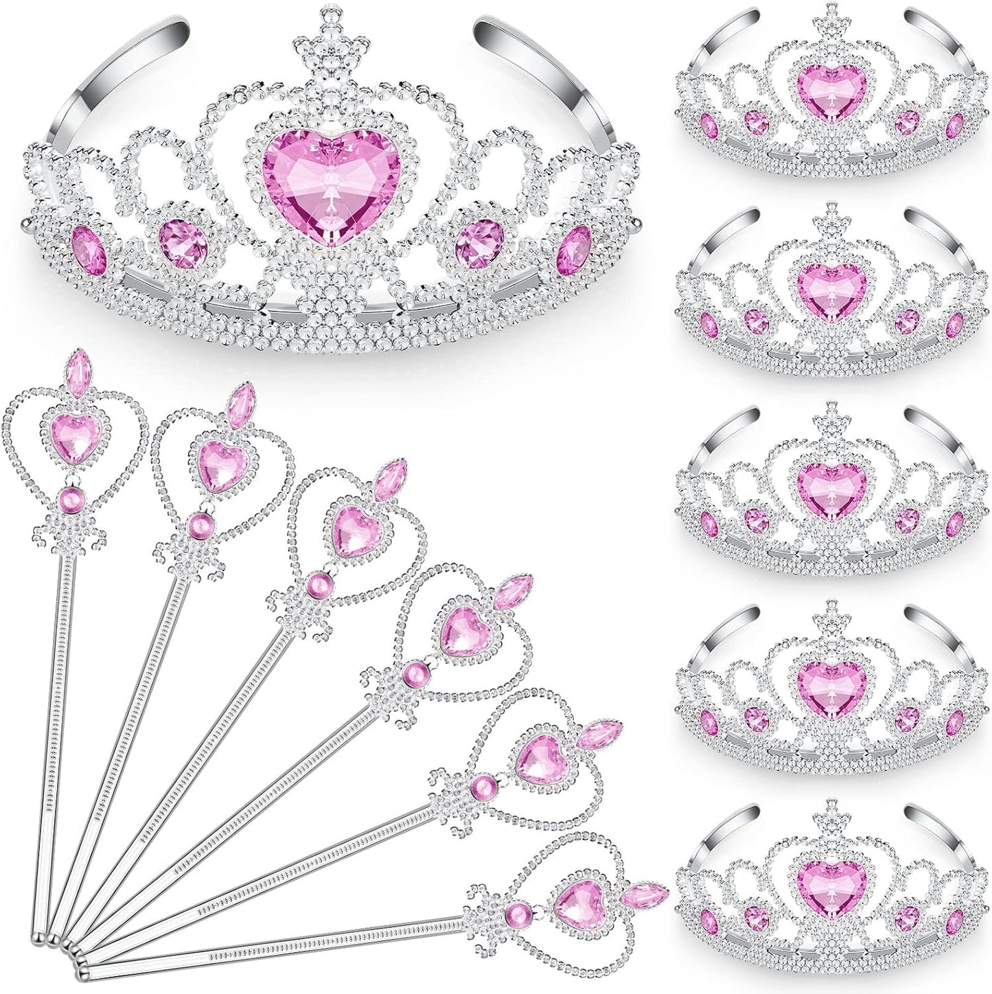 Chalyna 12 Pcs Princess Crowns Tiara Wand for Little Girl Silver Heart Jewel Plastic Tiara Winter Gift for Birthday(Pink,Heart Style)