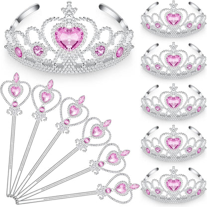 Chalyna 12 Pcs Princess Crowns Tiara Wand for Little Girl Silver Heart Jewel Plastic Tiara Winter Gift for Birthday(Pink,Heart Style)