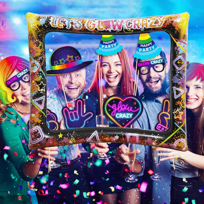 25pcs Neon Glow Party Photo Booth Props with Let's Glow Inflatable Selfie Photo Booth Frame - Funny Neon Selfie Props for Dark Black Light Birthday Party Decoration Supplies