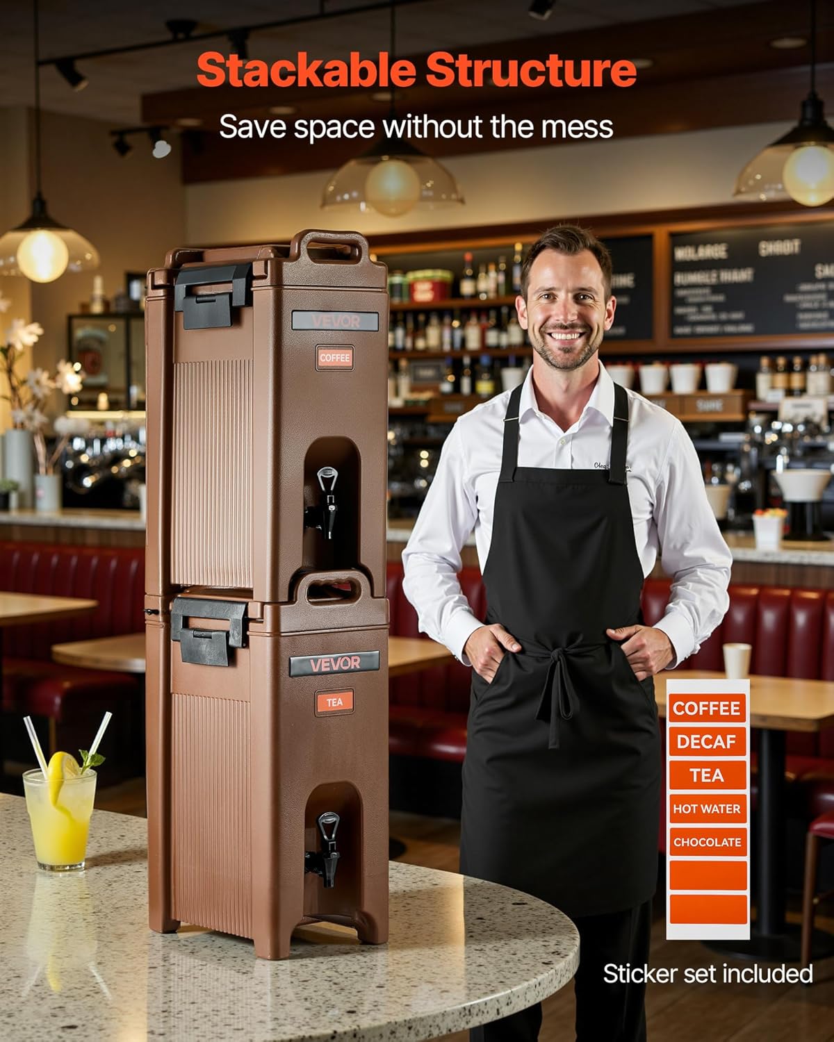 VEVOR Insulated Beverage Dispenser, 5 Gal/19L Hot and Cold Beverage Server with Spigot & Handle, Food-Grade Thermal Drink Dispenser Cooler for Tea Coffee Water in Cafes & Restaurants, Brown