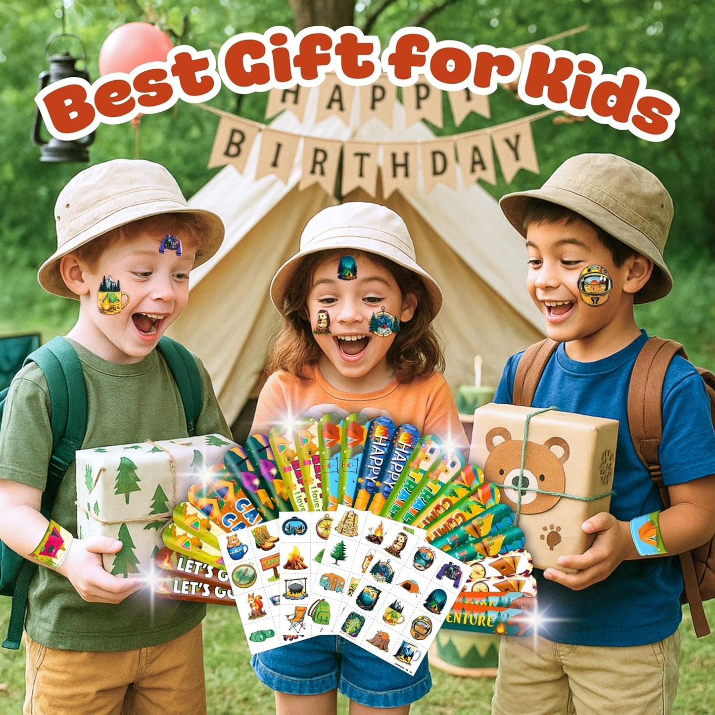 48 PCS Camping Party Favors 24PCS Tattoos Sticker 24PCS Slap Bracelets Wristbands Perfect for Camp Themed Birthday Baby Showers or Classroom Rewards Ideal Decor and Gifts for Girls Boys (Camping 2)