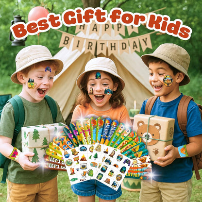 48 PCS Camping Party Favors 24PCS Tattoos Sticker 24PCS Slap Bracelets Wristbands Perfect for Camp Themed Birthday Baby Showers or Classroom Rewards Ideal Decor and Gifts for Girls Boys (Camping 2)