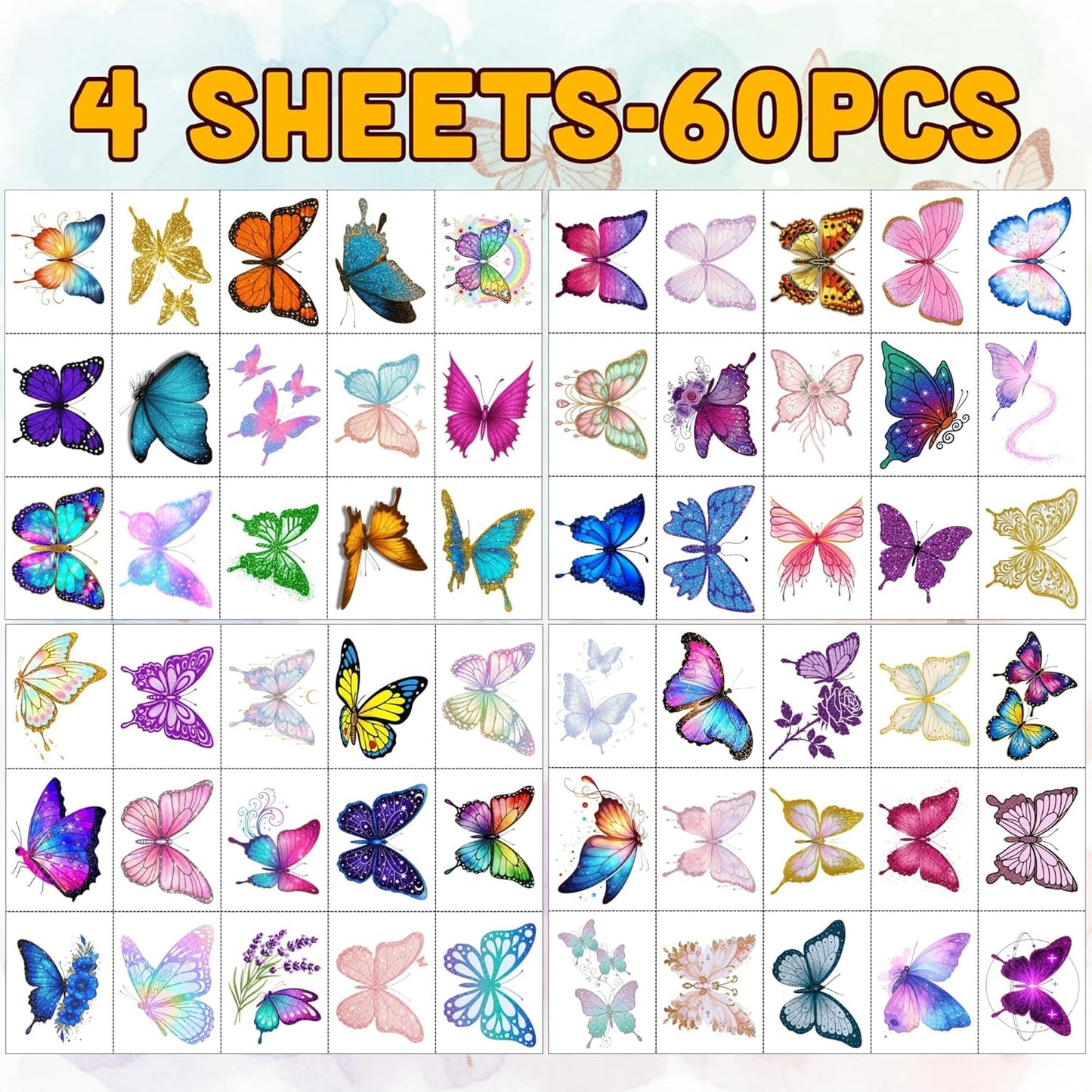 Glitter Butterfly Temporary Tattoos | Butterfly Themed Birthday Party Decorations Party Favors Supplies Accessories Stickers Gift Idea For Kids Boy Girl Teen Adult 60Pcs 4 Sheets Pre-cut