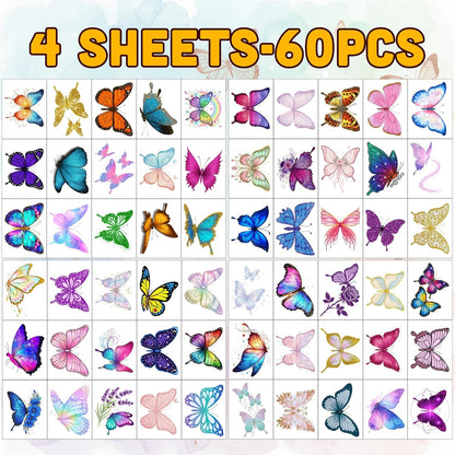 Glitter Butterfly Temporary Tattoos | Butterfly Themed Birthday Party Decorations Party Favors Supplies Accessories Stickers Gift Idea For Kids Boy Girl Teen Adult 60Pcs 4 Sheets Pre-cut