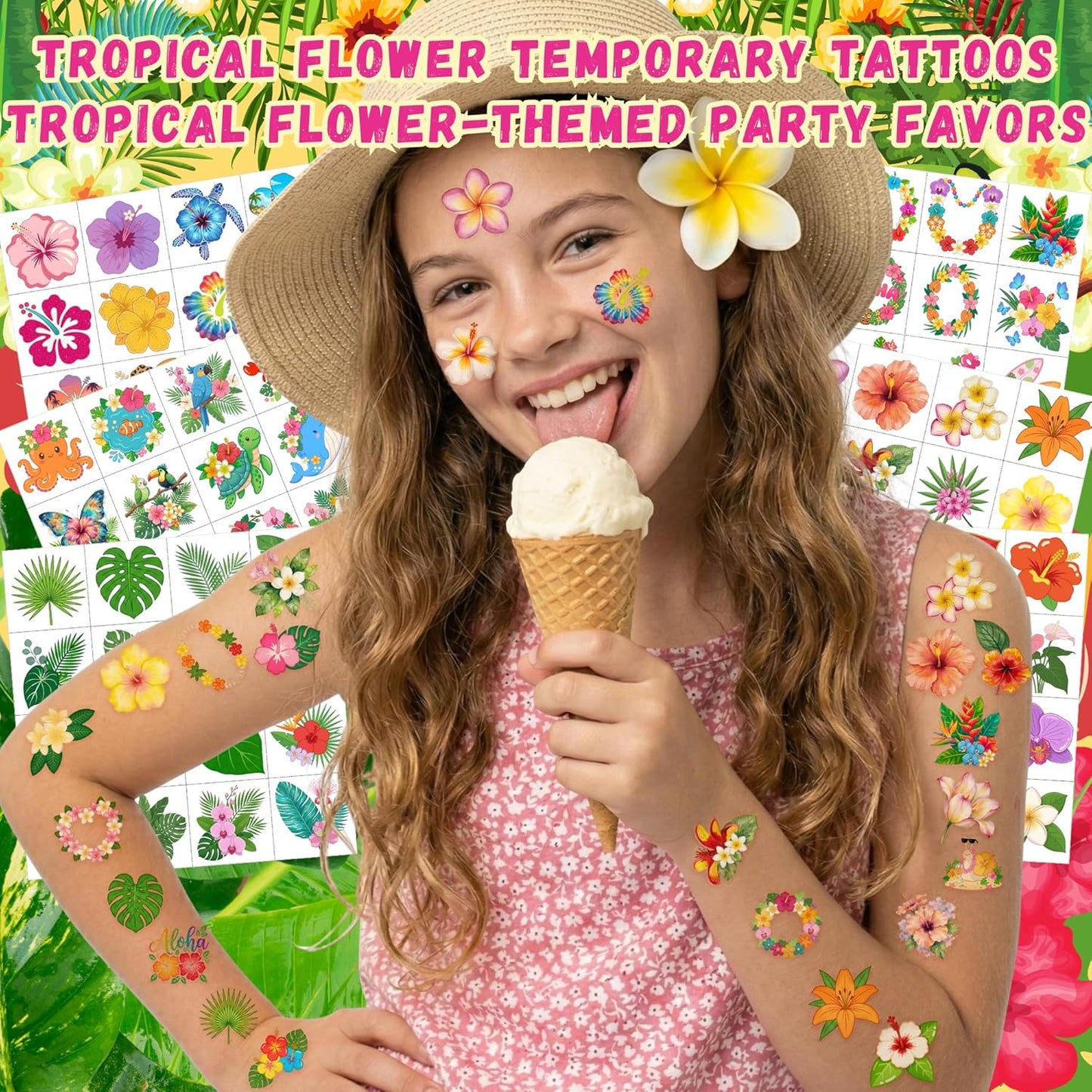 96PCS Tropical Flower Temporary Tattoos Stickers - Summer Hawaii Themed Party Favors Party Decorations Accessories Supplies Hibiscus Plumeria Gift Idea For Kids Teens Adult Classroom Prizes Rewards