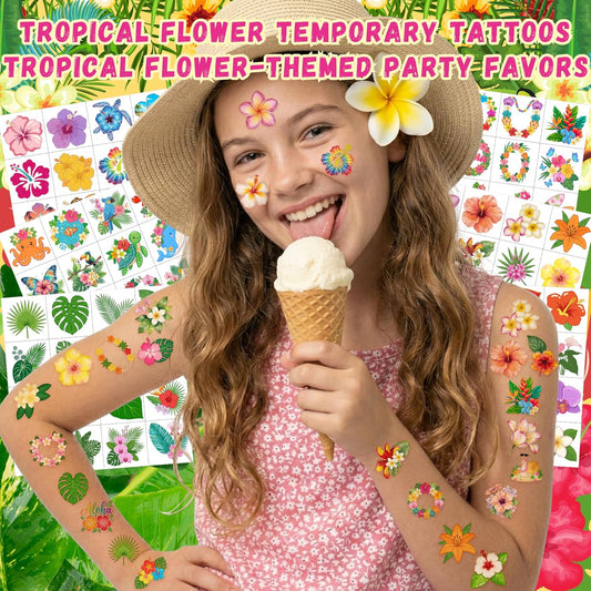 96PCS Tropical Flower Temporary Tattoos Stickers - Summer Hawaii Themed Party Favors Party Decorations Accessories Supplies Hibiscus Plumeria Gift Idea For Kids Teens Adult Classroom Prizes Rewards