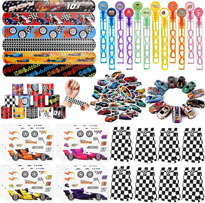 Vanblue 110Pcs Race Car Party Favors Themed Birthday Decorations Supplies Straw Bubble Slap Bracelet DIY Sticker Toy Gift for Boy Kids Treat Candy Bags Stuffers Classroom Rewards