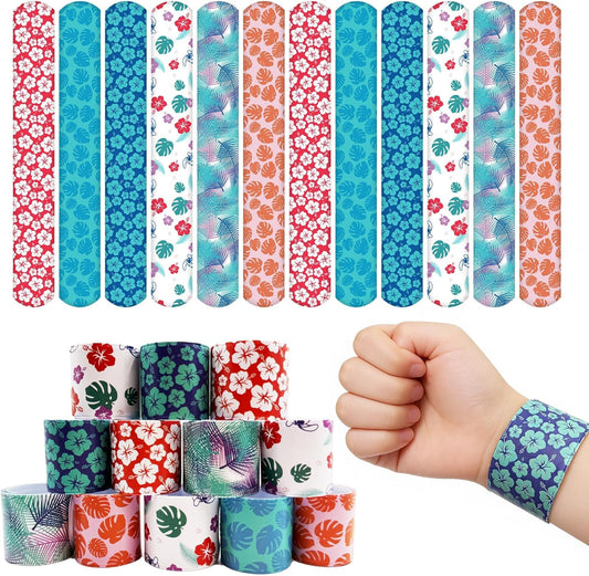 48PCS Hawaiian Themed Slap Bracelets Bulk for Cartoon Tropical Party Favor Element Palm Leaves Hibiscus Flowers Pattern Snap Slap Wristbands for Animation Birthday Party Favors Prizes Exchanging Gifts