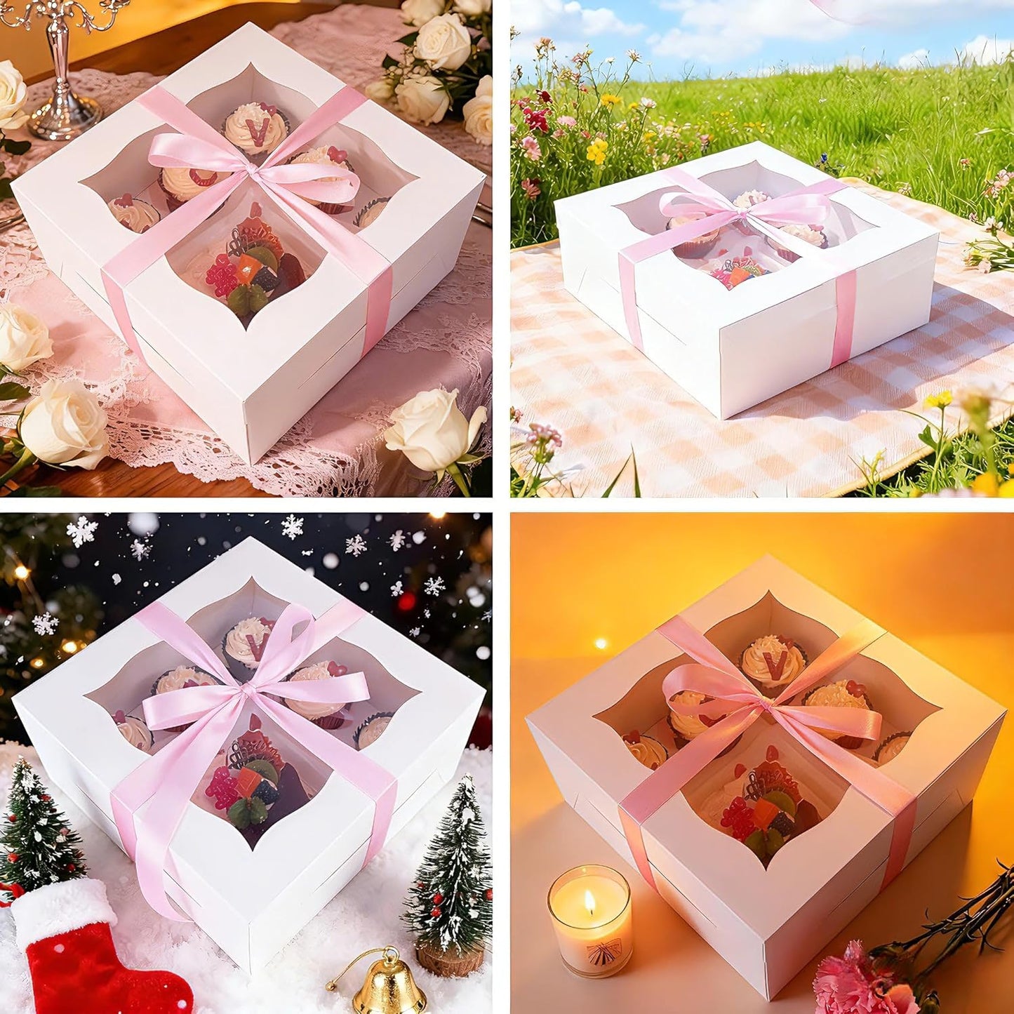 10-Pack Cupcake Box Combo with Clear Window, 1 Small Cake and 5 Cupcakes Storage Container, Ribbon and Stickers for Birthday Party, Mother's Day (10 pcs+ ribbon)