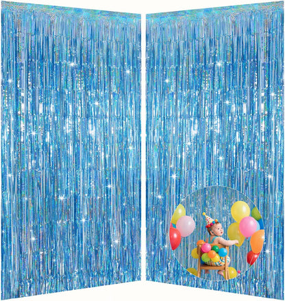 Iridescent Party Decorations Fringe Backdrop, Sparkling Holographic Foil Fringe Tinsel Curtains for Frozen Mermaid Birthday Party Decor - 3.28x6.56ft 2 Packs