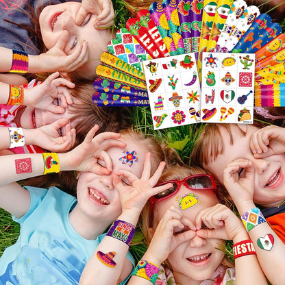 Cherisnowy 72PCS Cinco de Mayo Party Favor Set - 48PCS Temporary Pre-cut Tattoos & 24PCS Slap Bracelets - Mexican Fiesta Birthday Supplies, Baby Shower Gifts, Classroom Rewards & Party Decor for Kids