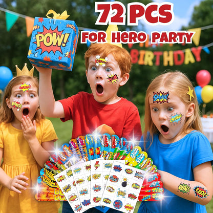 Cherisnowy 72PCS Hero Party Set - 48PCS Temporary Tattoos & 24PCS Slap Bracelets - Themed Pow Birthday Supplies, Baby Shower Gifts, Classroom Rewards & Party Decor for Kids