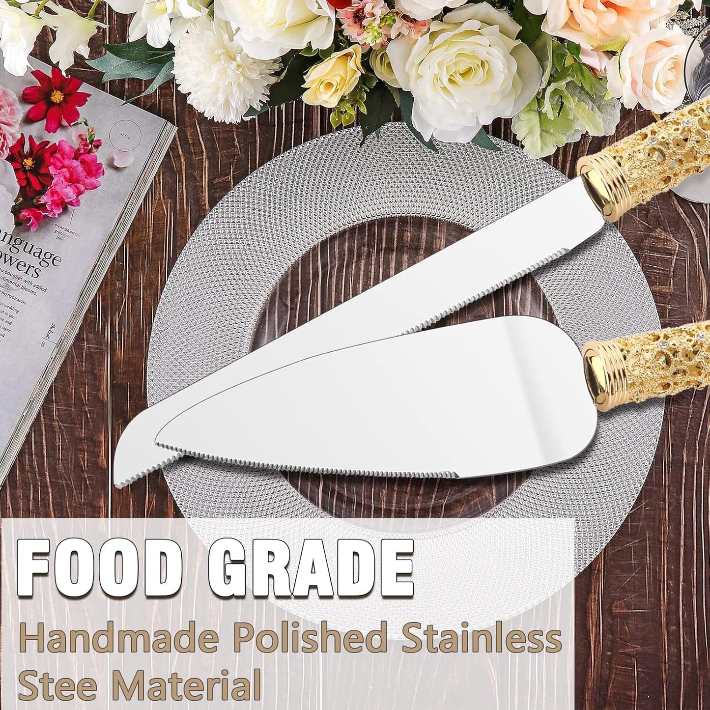 Gold Cake Knife and Server Set - 2 Piece Dessert Set Metal Handle with Crystal Stones Decoration for Wedding, Anniversary Party Birthday Banquets and Gifts for Bride and Groom