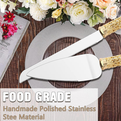 Gold Cake Knife and Server Set - 2 Piece Dessert Set Metal Handle with Crystal Stones Decoration for Wedding, Anniversary Party Birthday Banquets and Gifts for Bride and Groom
