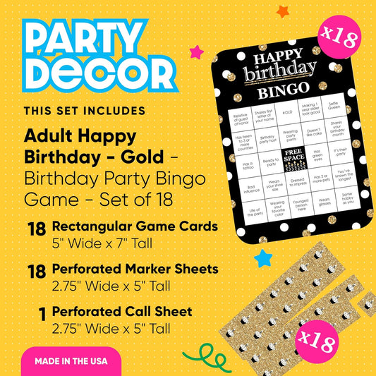 Big Dot of Happiness Adult Happy Birthday - Gold - Find The Guest Bingo Cards and Markers - Birthday Party Bingo Game - Set of 18