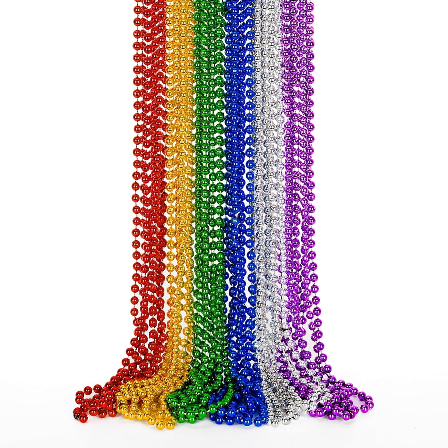 EOBOH 144PCS Mardi Gras Beads, Metallic 12 Kinds Bead Necklace Party Supplies, 33" Mardi Gras Necklace Costume Stuff, Festival Parade Throw Accessories for Wedding Birthday Celebrations Decorations