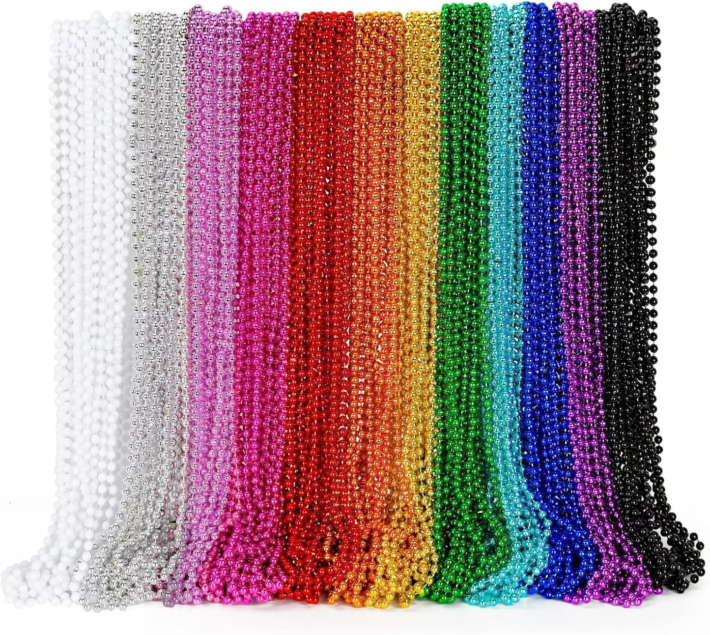 EOBOH 144PCS Mardi Gras Beads, Metallic 12 Kinds Bead Necklace Party Supplies, 33" Mardi Gras Necklace Costume Stuff, Festival Parade Throw Accessories for Wedding Birthday Celebrations Decorations
