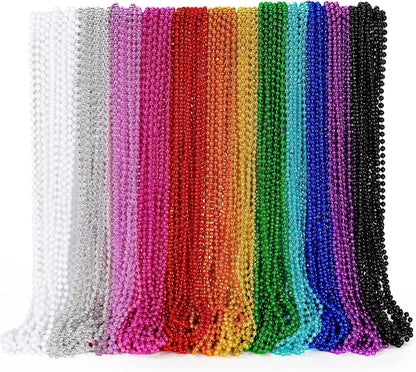 EOBOH 144PCS Mardi Gras Beads, Metallic 12 Kinds Bead Necklace Party Supplies, 33" Mardi Gras Necklace Costume Stuff, Festival Parade Throw Accessories for Wedding Birthday Celebrations Decorations