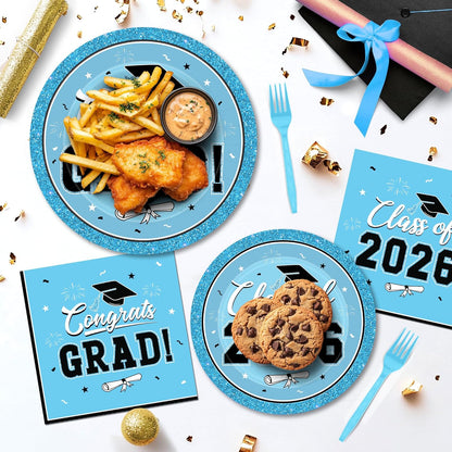 200Pcs Graduation Decorations 2026, Blue Graduation Plates and Napkins Party Supplies for 50 Guests, Disposable Grad Plates, Napkins, Dessert Plates and Forks for Grad Decor Wedding Birthday Supplies