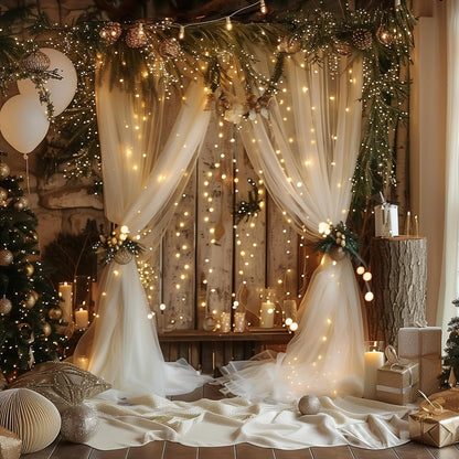 Fomcet Tulle Backdrop Curtains with Lights String White 10FT X 8FT Sheer Curtain with Lights Tulle Curtains Backdrop for Wedding Birthday Party Baby Shower Photo Shoot (2 Panels 5x8FT)