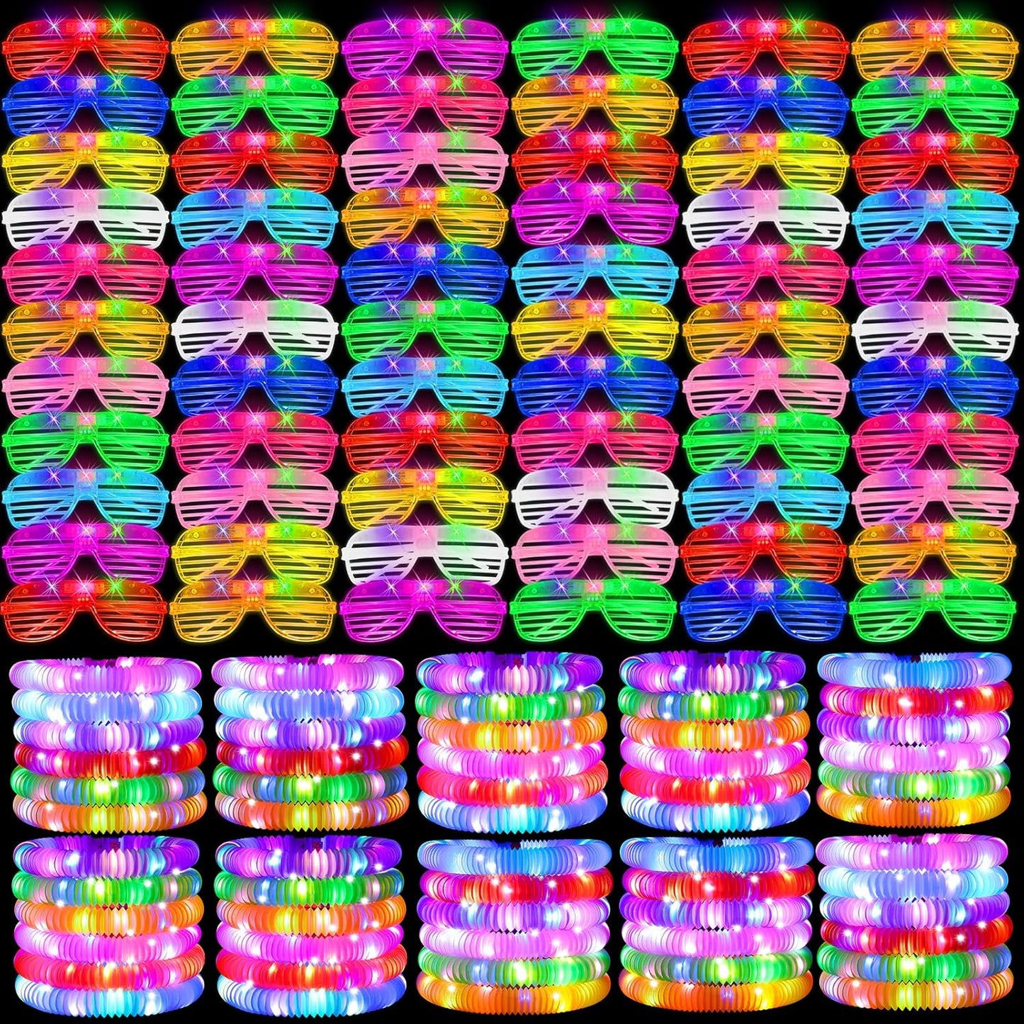 Oleitodh Glow in the Dark Party Supplies Set Bulk Neon Party Favor Toys Includes 30 Led Light up Glasses 10 Color 30 Light up Foam Sticks Bulk for Disco Wedding Birthday Concert Halloween Raves Party