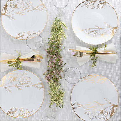 PLASTICPRO [16 OZ 20 Count] White Plastic Floral Design Party Soup bowls With Gold Rim Premium heavyweight Elegant Disposable Tableware Dishes