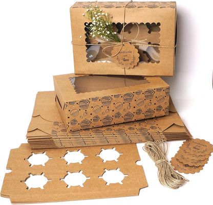 20-Pack Brown Cupcake Boxes with Insert Trays, Tags and Twine | Food Grade Kraft Bakery Boxes with Window to Fit 6 Cupcakes