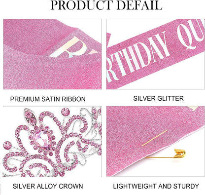 COCIDE Birthday Queen Sash & Rhinestone Tiara Set Gold Happy Birthday Crowns for Women Party Decoration Kit Rhinestone Headband for Women Glitter Crystal Hair Accessories for Cake Topper