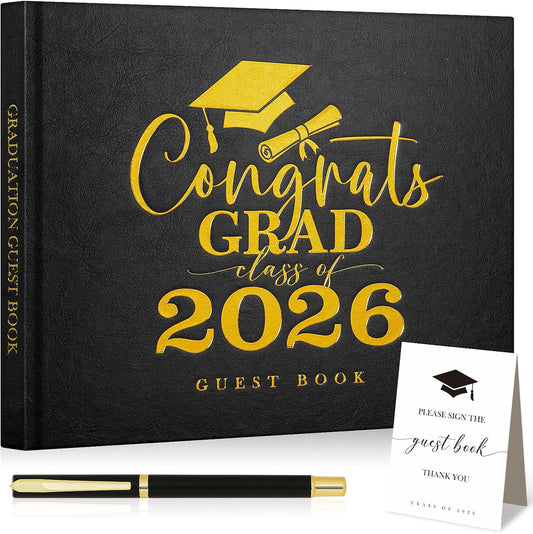 Lanpn Graduation Guest Book Class of 2026 with Table Sign & Pen, Leather Graduation Guest Sign in Books, Graduates Signature Book, Keepsake Memory Books for College High School Grad Party, Black