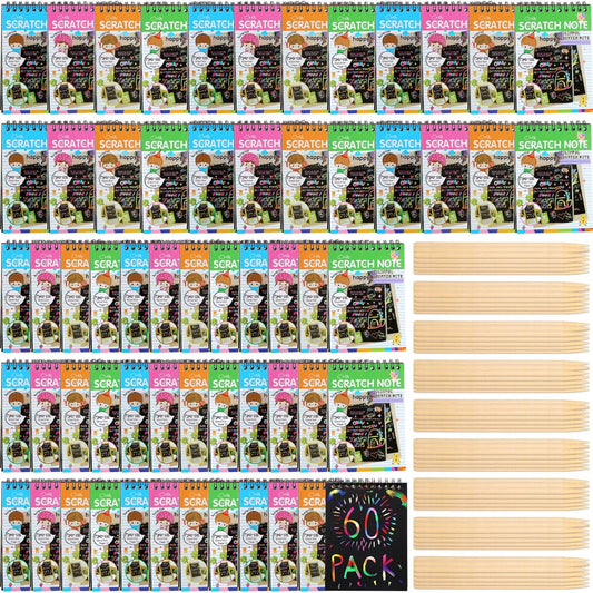Fulmoon 60 Pcs Bulk Scratch Note Pads Scratch Paper Notebooks Rainbow Party Favors with Wooden Stylus Coloring Books DIY Arts and Crafts for Birthday Game Gift