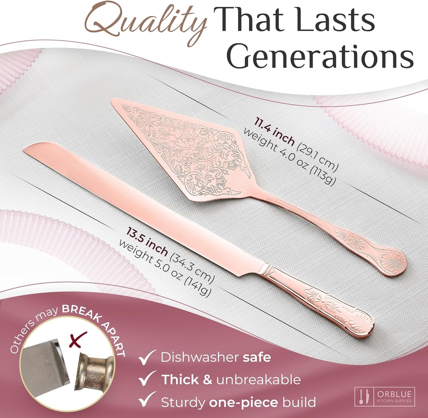 Orblue Wedding Cake Knife and Server Set - Premium, Beautifully Engraved Cutting Set - Elegant Keepsake for Newlyweds - Light Gold
