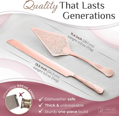 Orblue Wedding Cake Knife and Server Set - Premium, Beautifully Engraved Cutting Set - Elegant Keepsake for Newlyweds - Light Gold