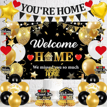 Holkcog Welcome Home Decoration, Black Gold Welcome Back Party Decorations, We Missed You So Much Banner Party, Glitter Home Party Sign Banner Ballons, Family Reunion Party Decora Supplies