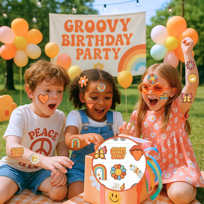 96PCS Groovy 70s Pre-Cut Temporary Tattoos - Retro Flower Power, Good Vibes Party Decorations & Favors | Cute Tattoos Stickers Gift for Kids, Boys & Girls, Prize Supplies (Normal)