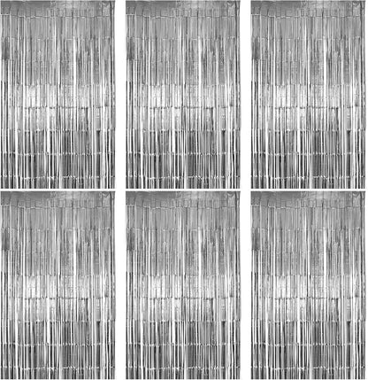 Hampton Distribution 6 Pack Silver Foil Fringe Curtains, Silver Tinsel Backdrop Party Curtains, Party Supplies for Birthday, Holidays, Parties & More